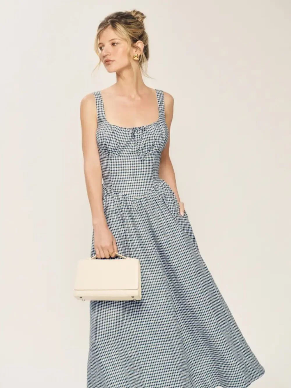 Reformation Balia Linen Dress in Slate Check - Picture 2 of 8